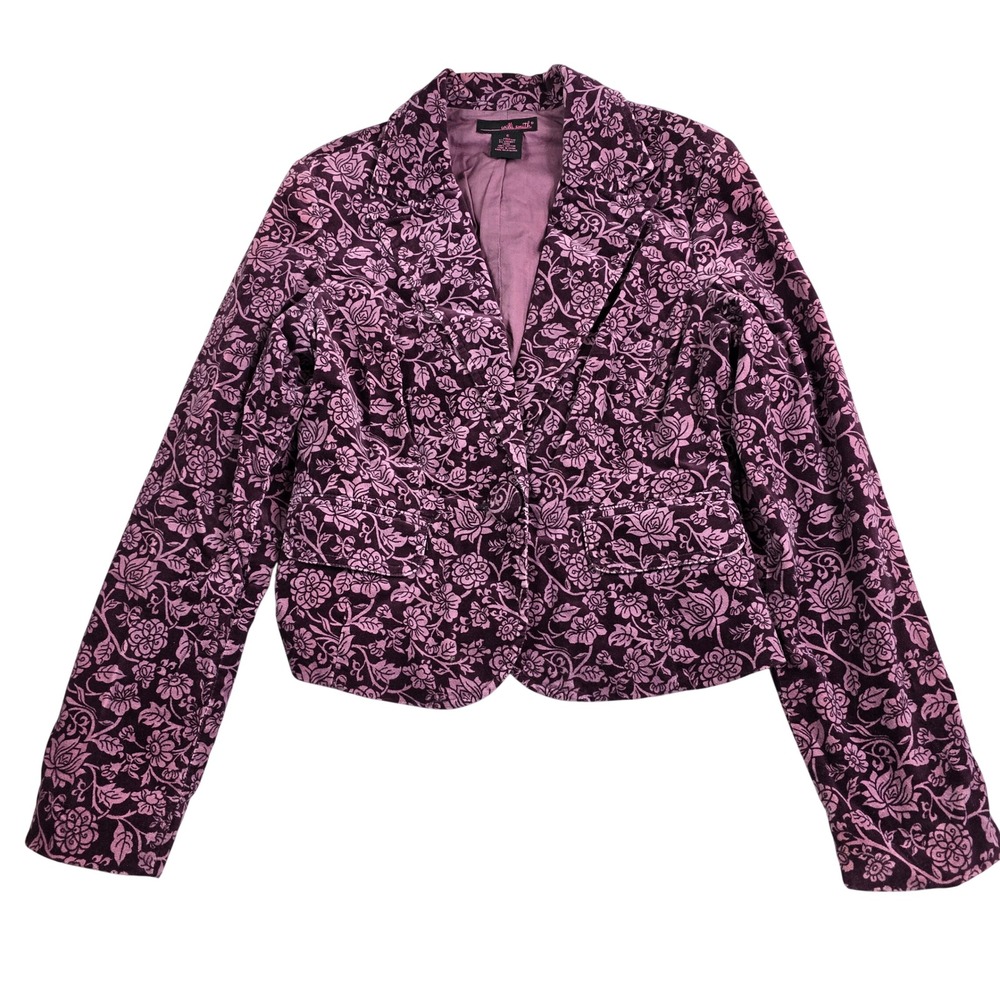 Willi Smith Floral Velvet Blazer Women Size 6 Purple Damask Stretch Lined Jacket